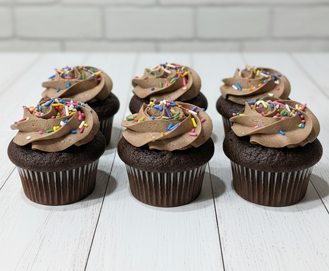 6 chocolate cupcakes with chocolate buttercream